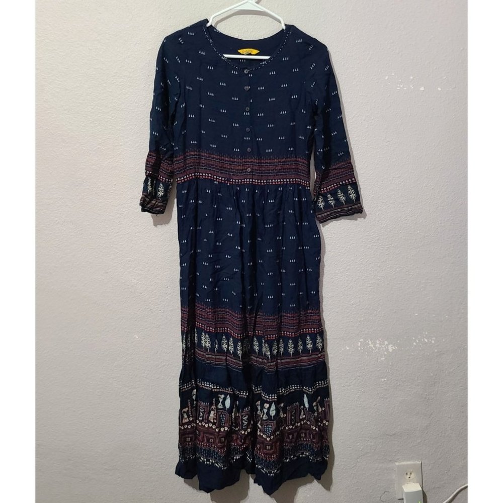 Globaldesi 3/4 Sleeve Printed Maxi Dress Size XS Navy Blue